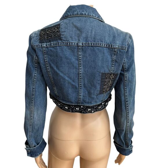 X2 Denim Laboratory Cropped Blue Jean Jacket Embellished Beaded Embroidery Sz M - Picture 3 of 8
